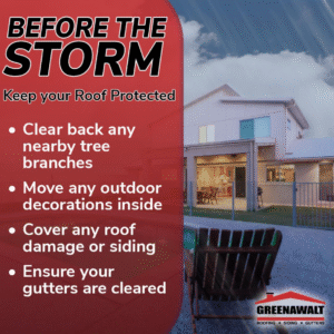 Before the Storm Keep your roof Protected Greenawalt Roofing Company social media graphic