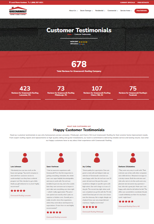 Greenawalt Roofing Company Customer Testimonials Webpage